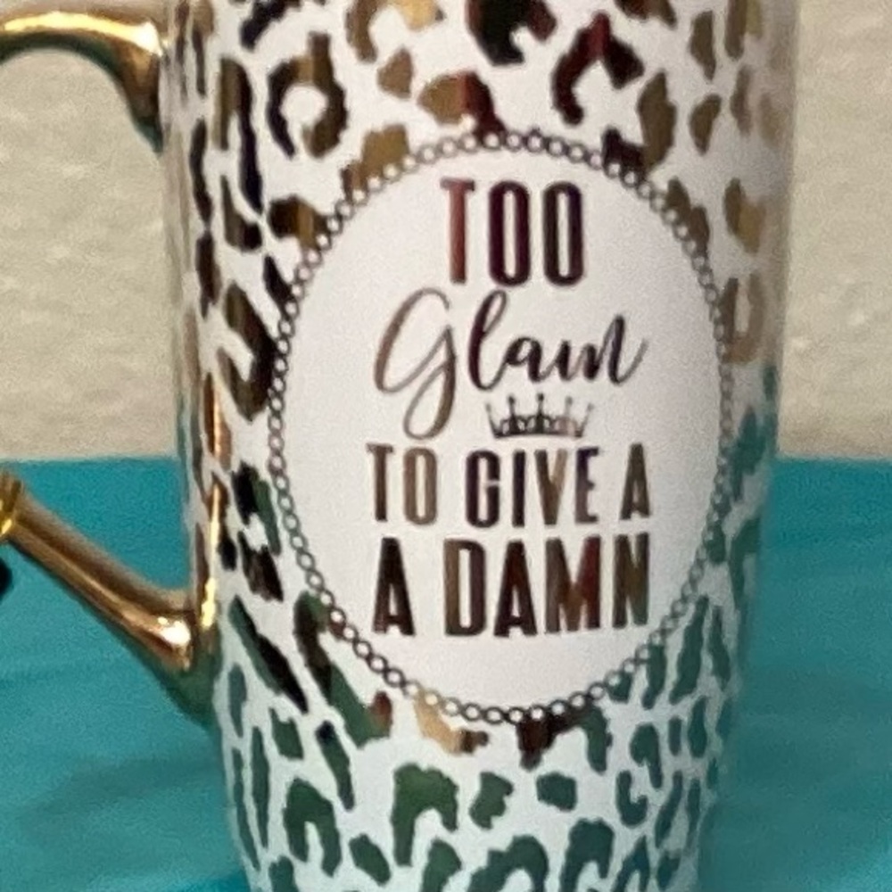 Bebe Gold and White “Too Glam To Give a Damn” Leopard Print Tall Mug